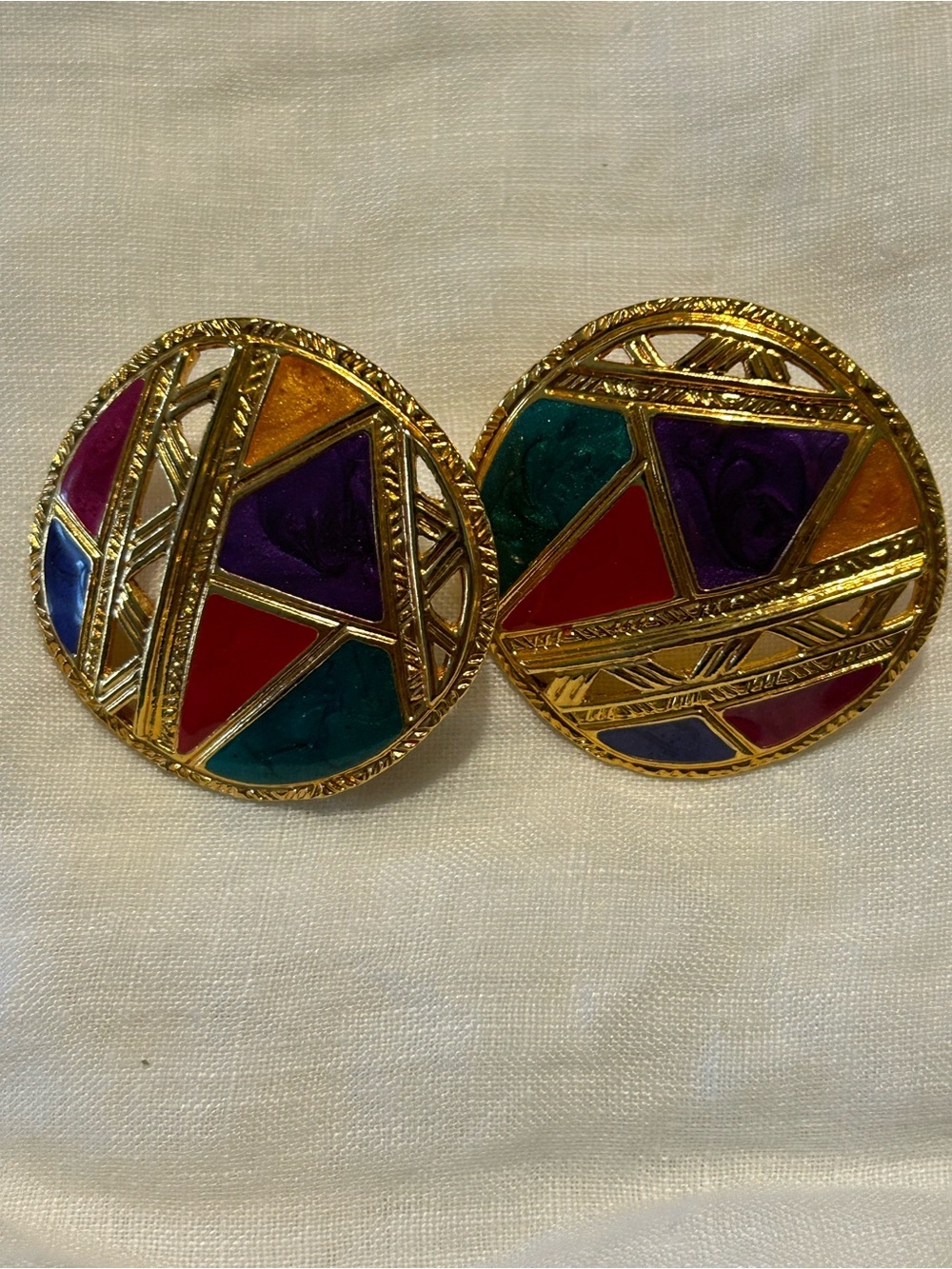 Vintage Bernie -Inspired Gold Multicolor Enamel Round Earrings